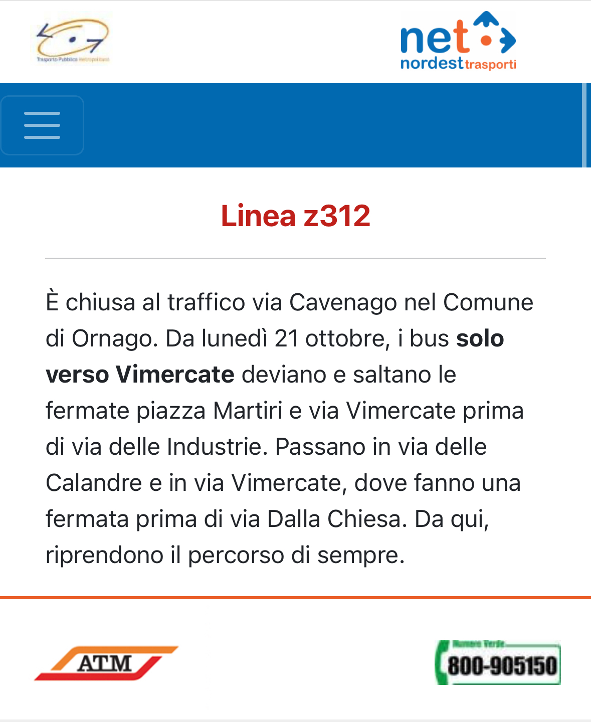 Deviazione fermata Z312 verso Vimercate